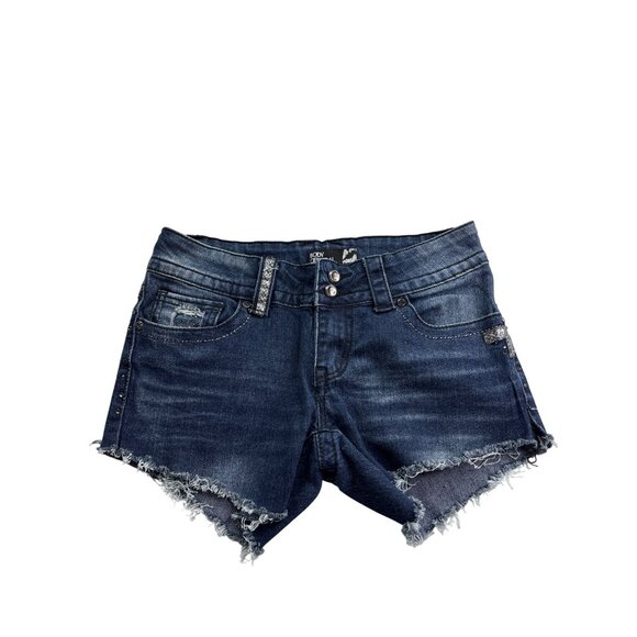 Body Central Distressed Denim Shorts Rhinestone Studs Cutout Raw Hem Size 3/4 - Picture 1 of 6